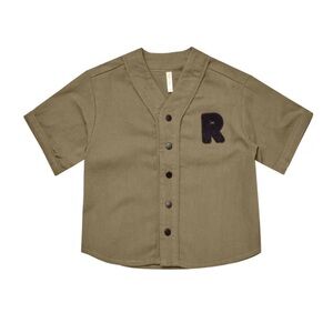 Rylee + Cru Olive Green Button Down Baseball Shirt with Black 'R' Patch